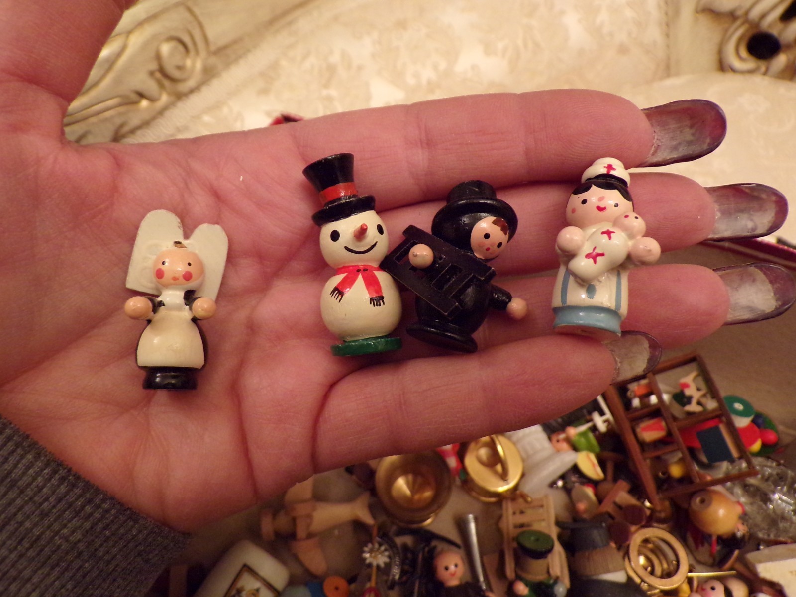VTG Large Box of Miniatures Wooden Ornaments, Glass Figurine and Metal