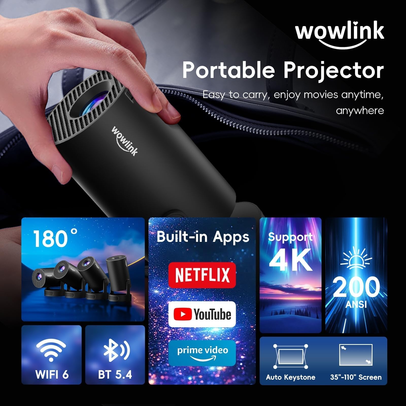 [Built-in Apps & 2025 Upgraded] Mini Projector with WiFi 6 and Bluetooth 5.4 Sup