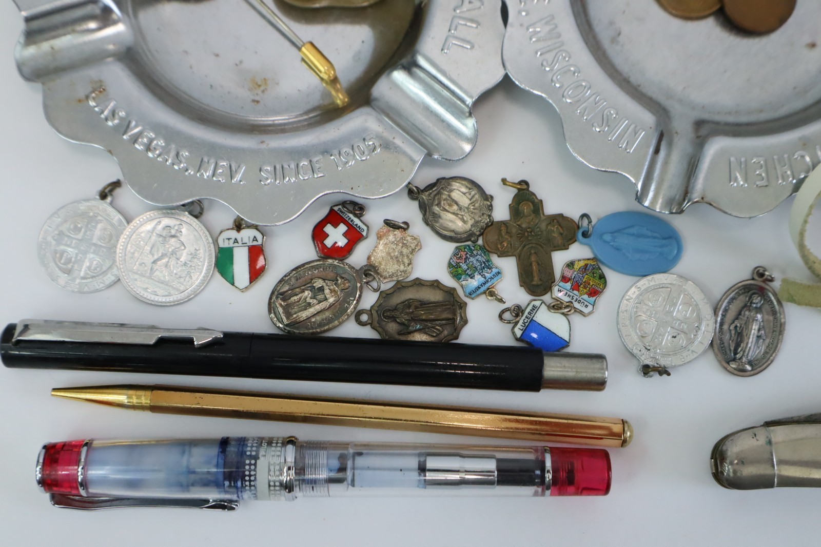 Vintage Junk Drawer Lot Estate Smalls Coins Lighters Knives Pens Ephemera Mixed
