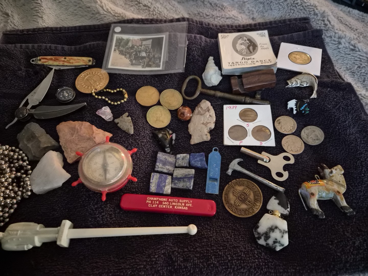 Vintage Junk Drawer – Coins, Arrowheads, Fossils, Knives Compass, & Collectibles