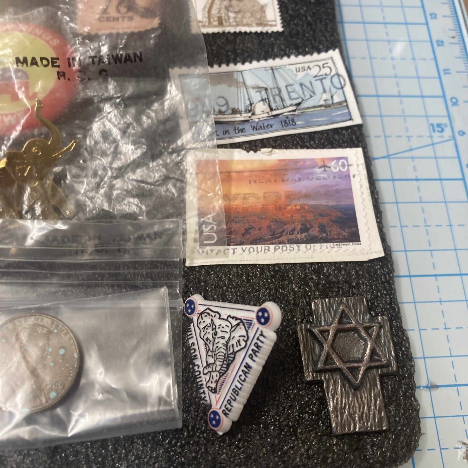USED Mixed Vintage Tin Lot w/US Coins/US Stamps/Pins/Knife/Patch etc. NICE! LOOK