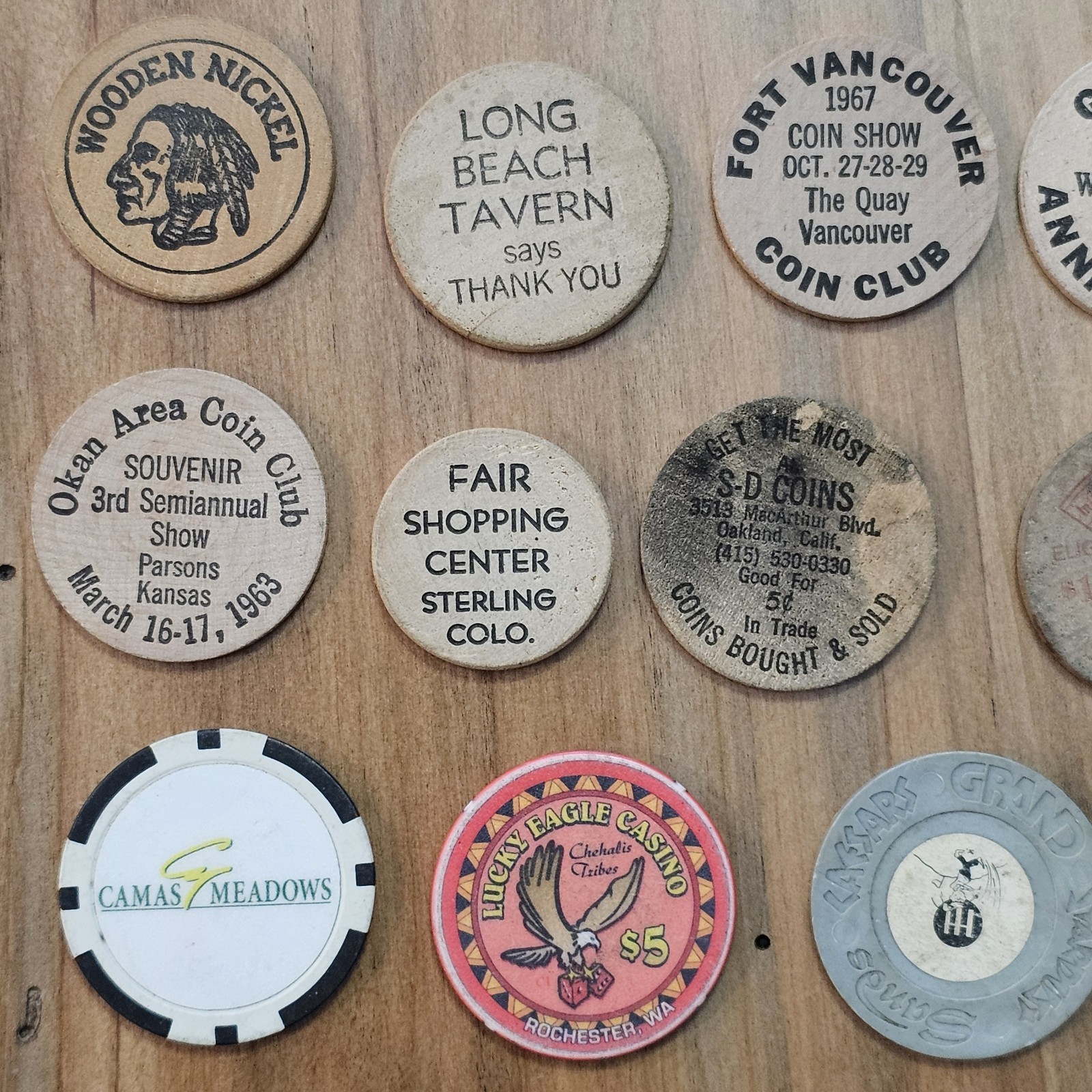 Junk Drawer Lot- Wooden Nickels, Casino Chips, Milk Cap -Washington, Oregon, Ect