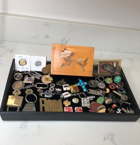 Junk Drawer Lot estate coins keychains pins box keys brass belt buckle stamps