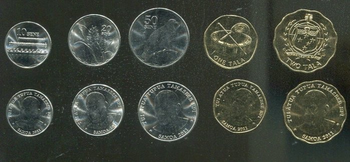 WEST SAMOA 5 coins set ，2011，10,20,50,Cent 1 ,2 Dollar, UNC