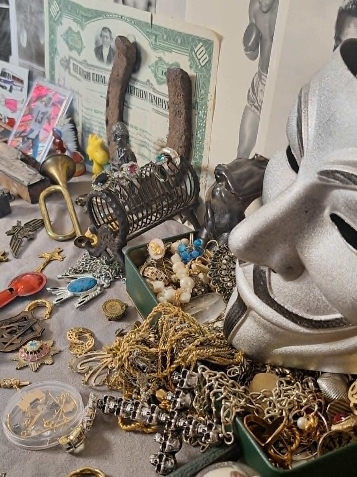 Estate Junk Drawer Lot Vintage Coins, Pocket Knife, Rings, , More