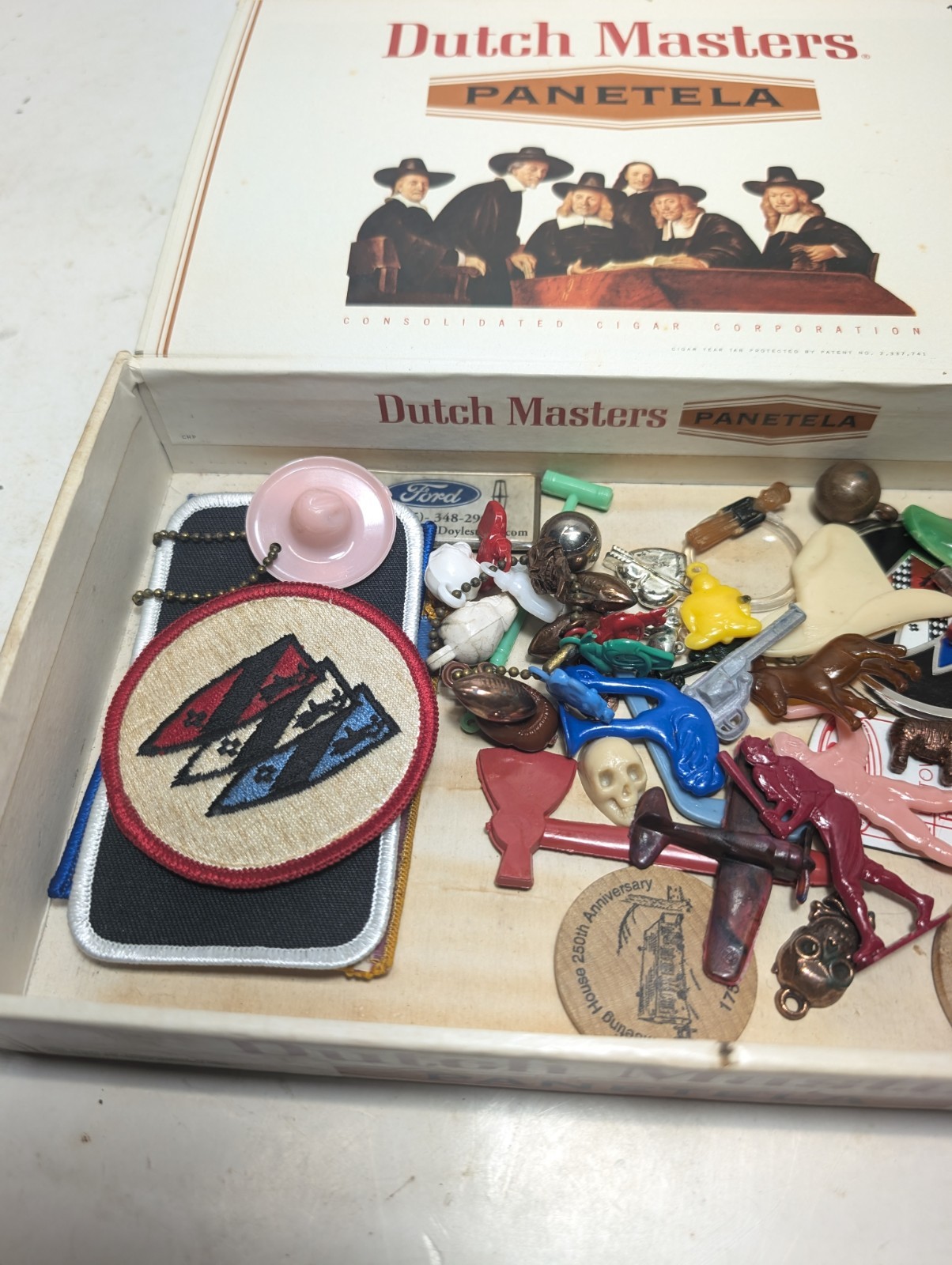 Vintage Cigar Box Junk Drawer Lot Skull Keychains Vintage Football Kutztown Pa