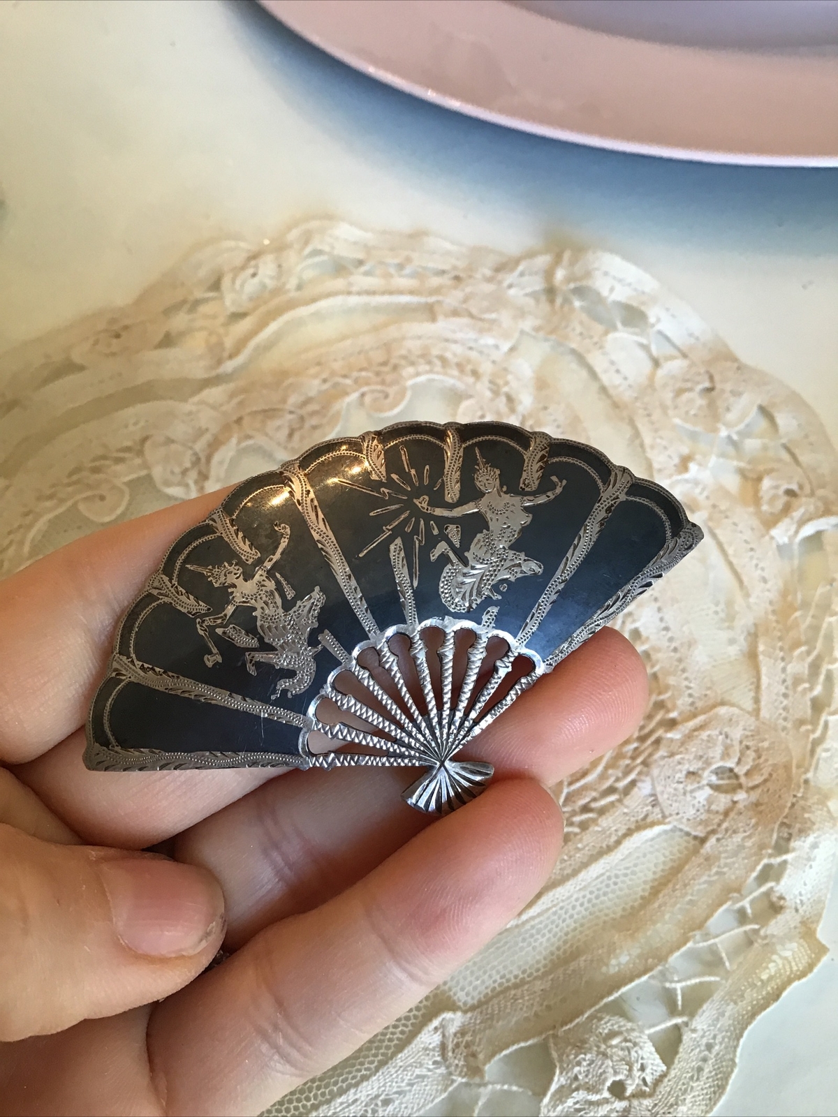 Vtg Large Sterling Siam Fan Pin 3” Wide