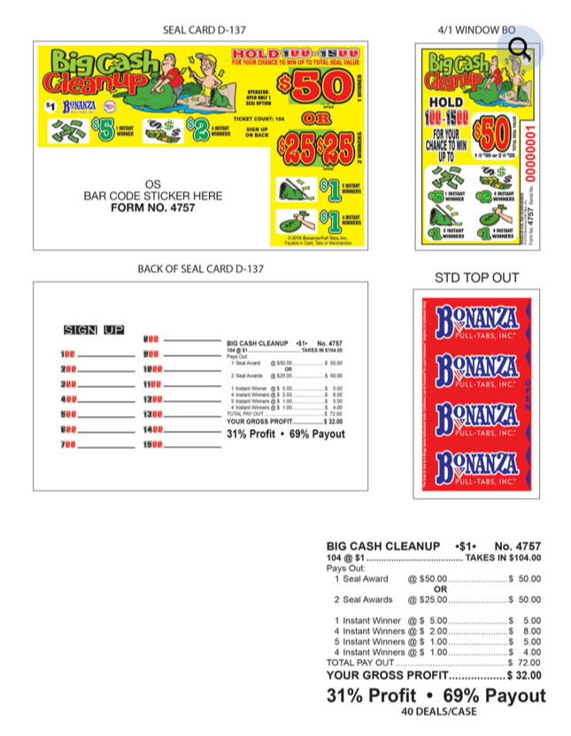 Pull Tab Tickets – Hard Card – Game – 6 Pack – Big Cash Cleanup – 104 ct ea