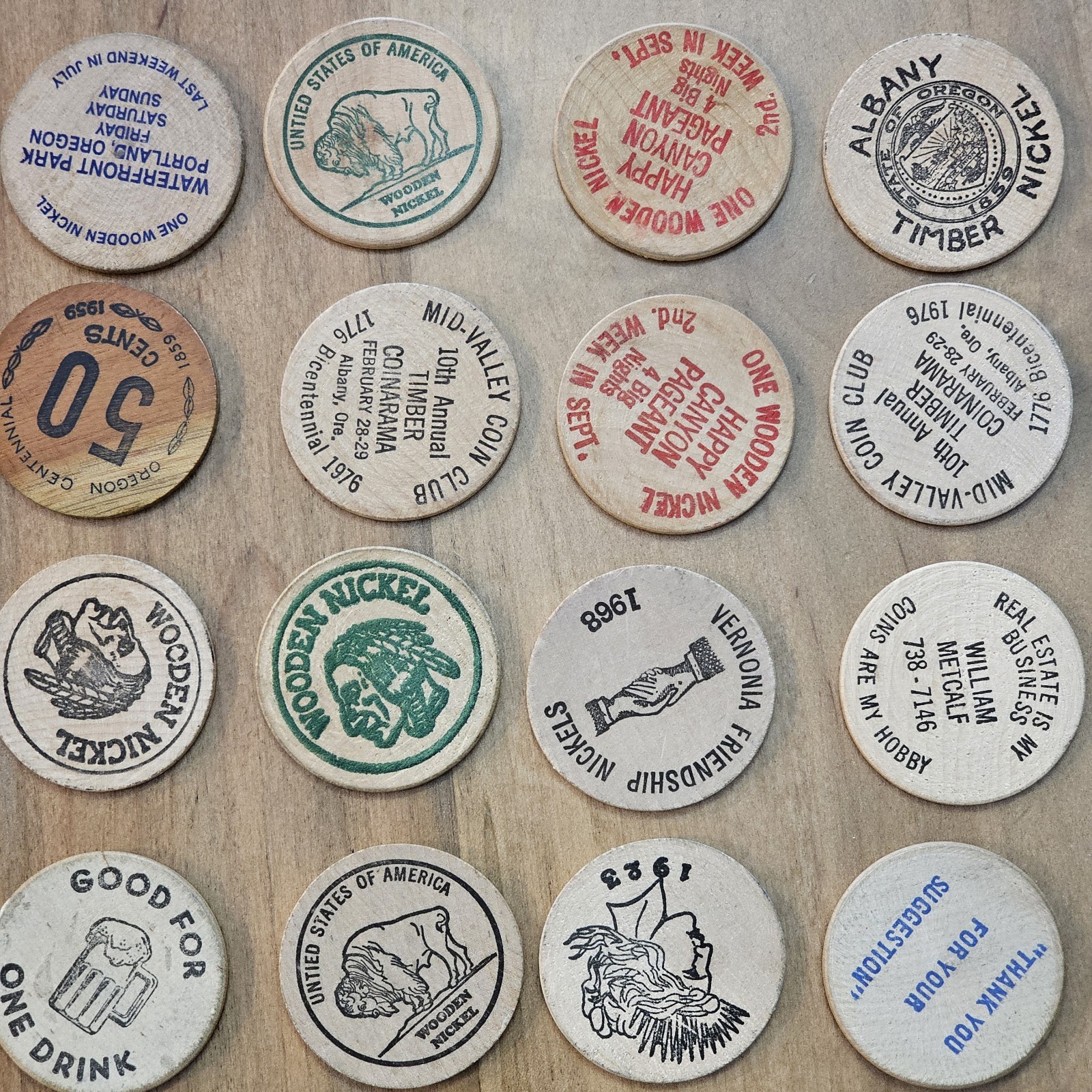 Junk Drawer Lot- Wooden Nickels, Casino Chips, Milk Cap -Washington, Oregon, Ect