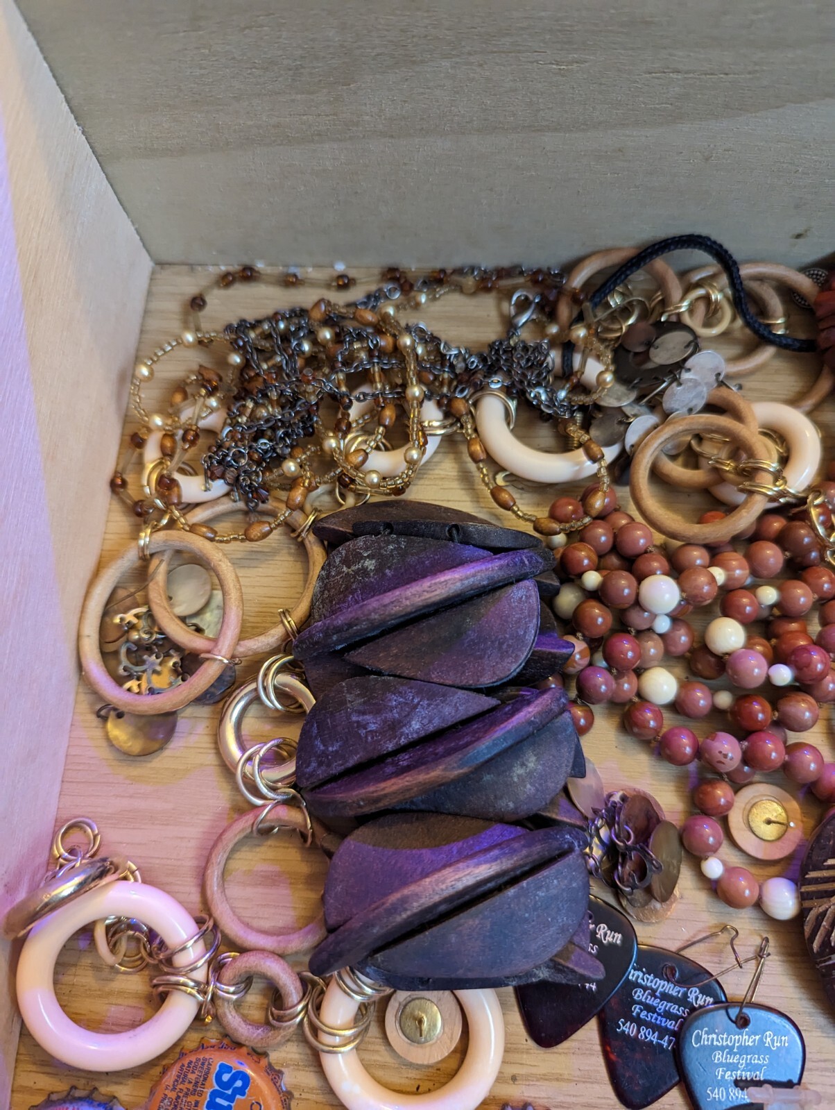 Junk drawer lot Vintage SODA LIDS unidentified BROWN BEIGE TAN JEWELRY mini toys