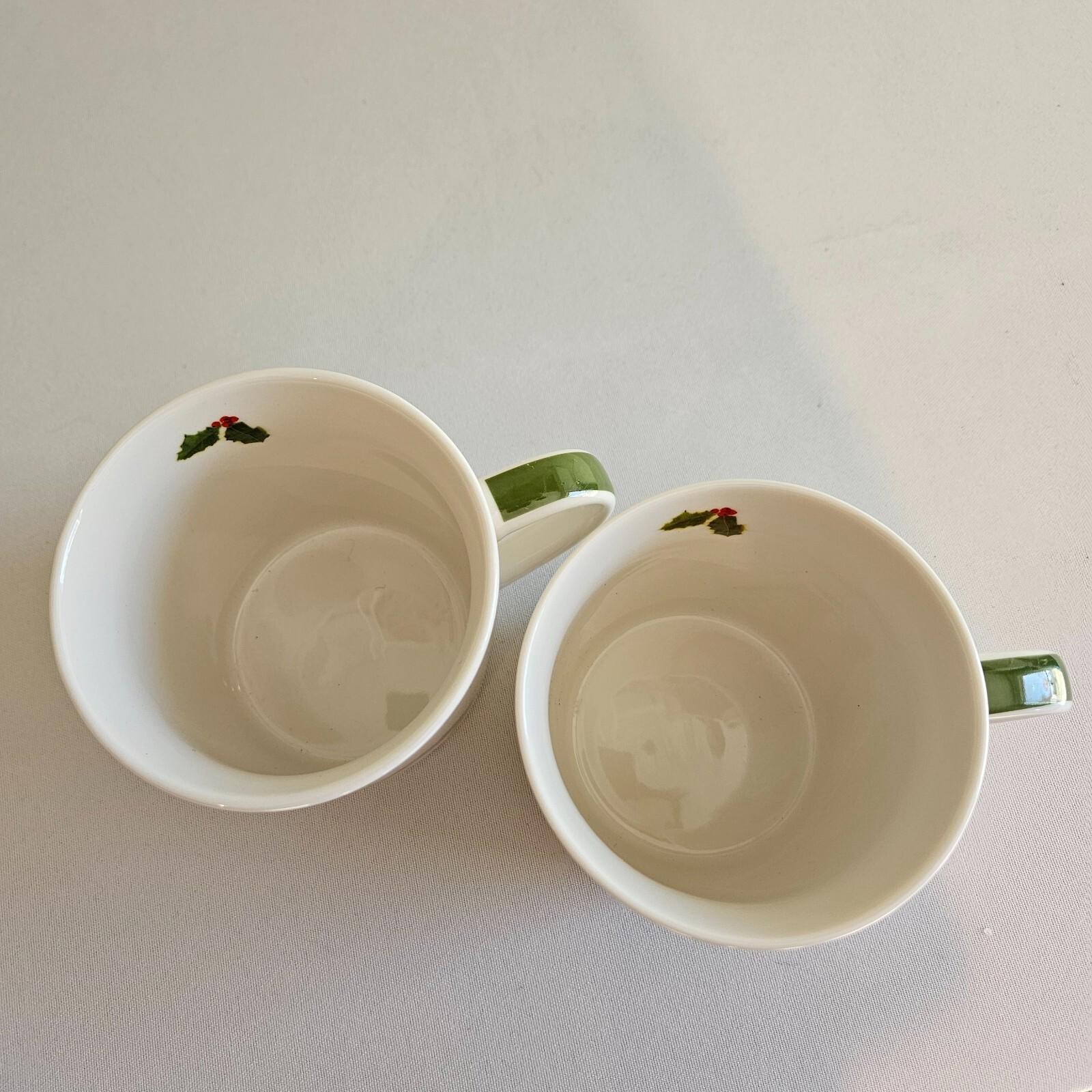 Set of 2 Christmas Mugs Tree Peace Scott Church Bone China Holidays Wreath Bird