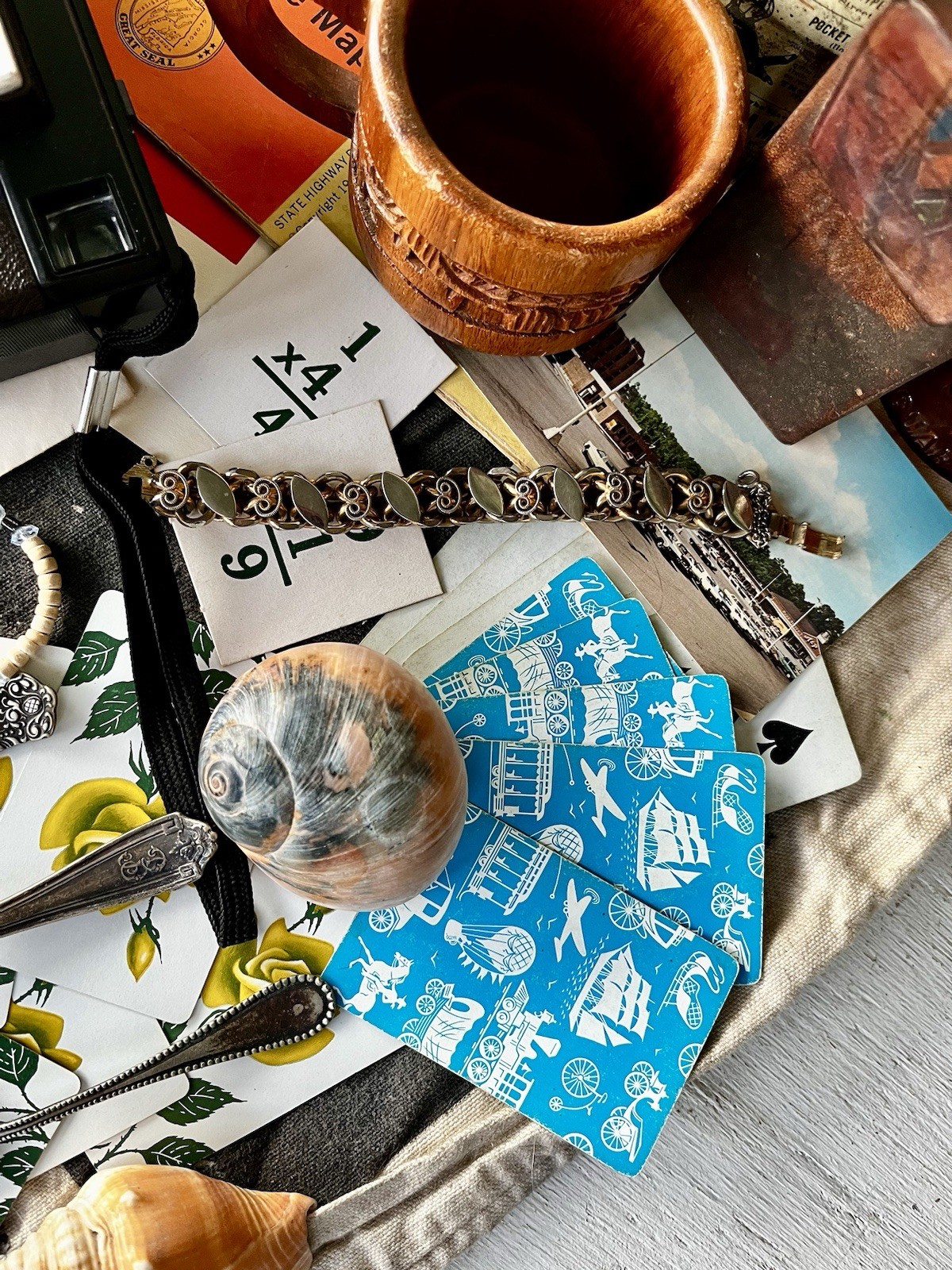 Vintage Junk Drawer Lot Postcards Costume Jewelry Medicine Bottles Silver Spoons