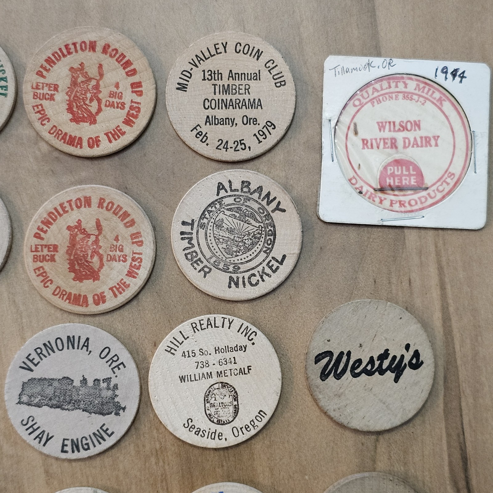 Junk Drawer Lot- Wooden Nickels, Casino Chips, Milk Cap -Washington, Oregon, Ect