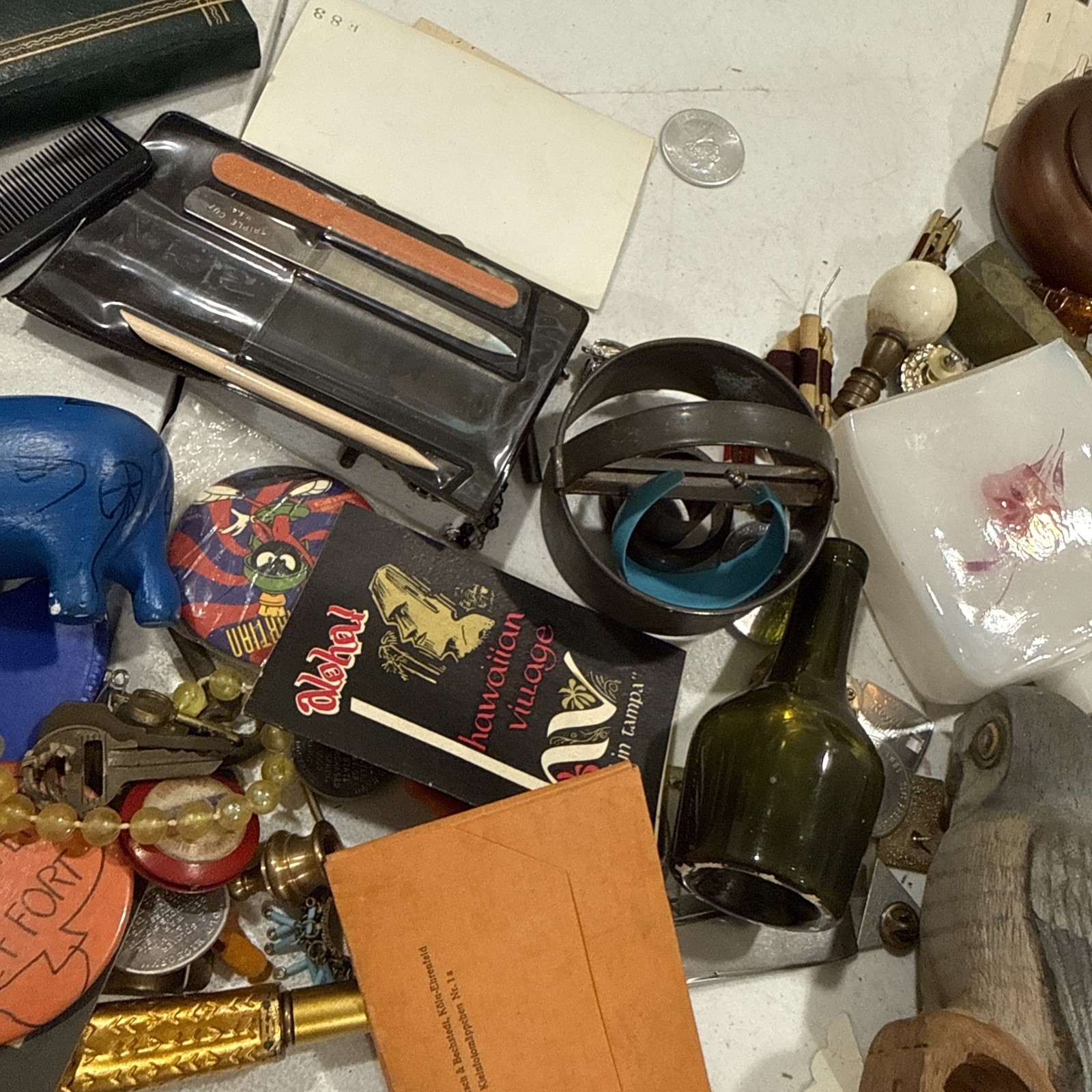 Huge Junk Drawer Lot Assorted Vtg Items Wood Metal Ephemera Figures Bottles MORE