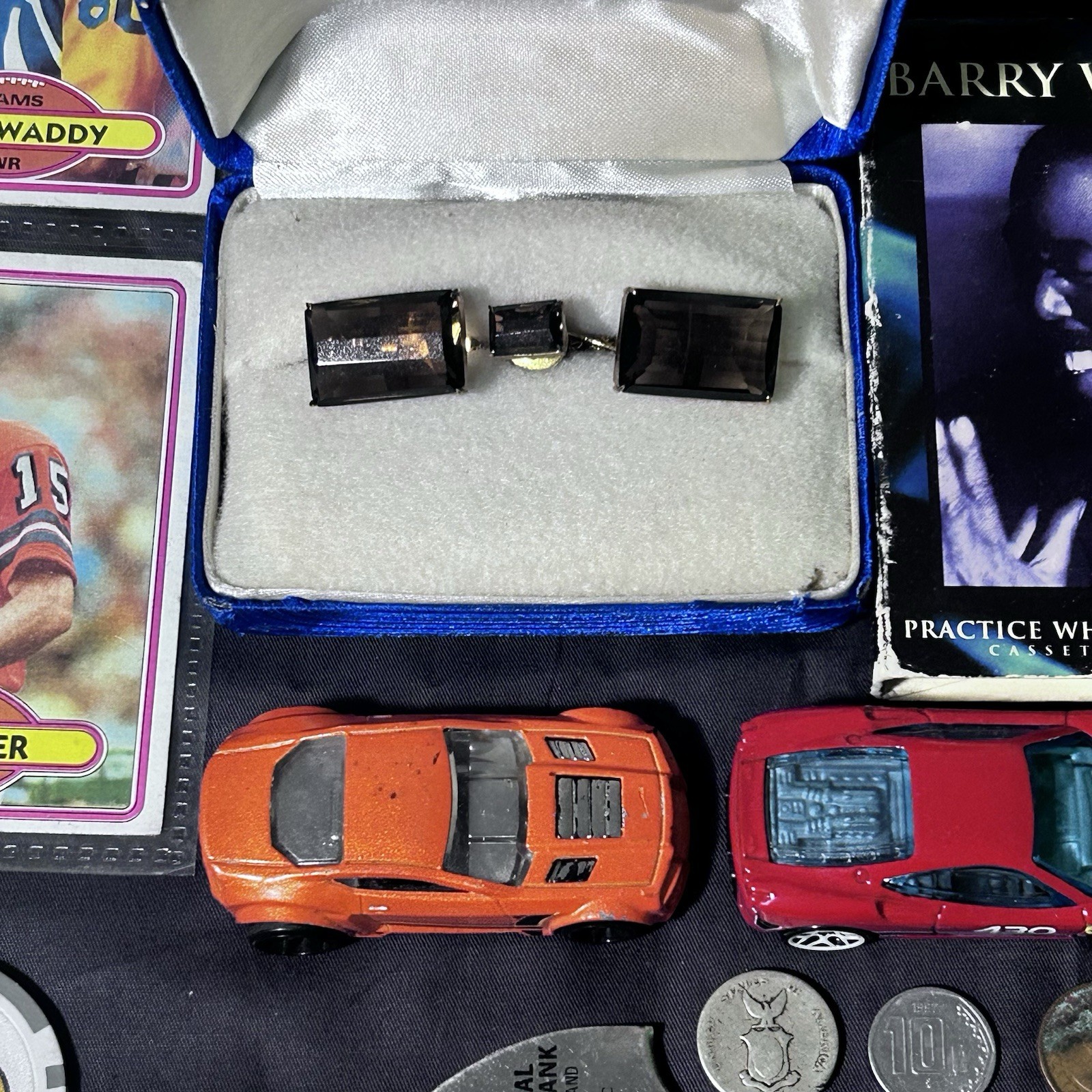Vintage Junk Drawer Lot Sports Cards Coins John Deer Games Golden Retriever Cars