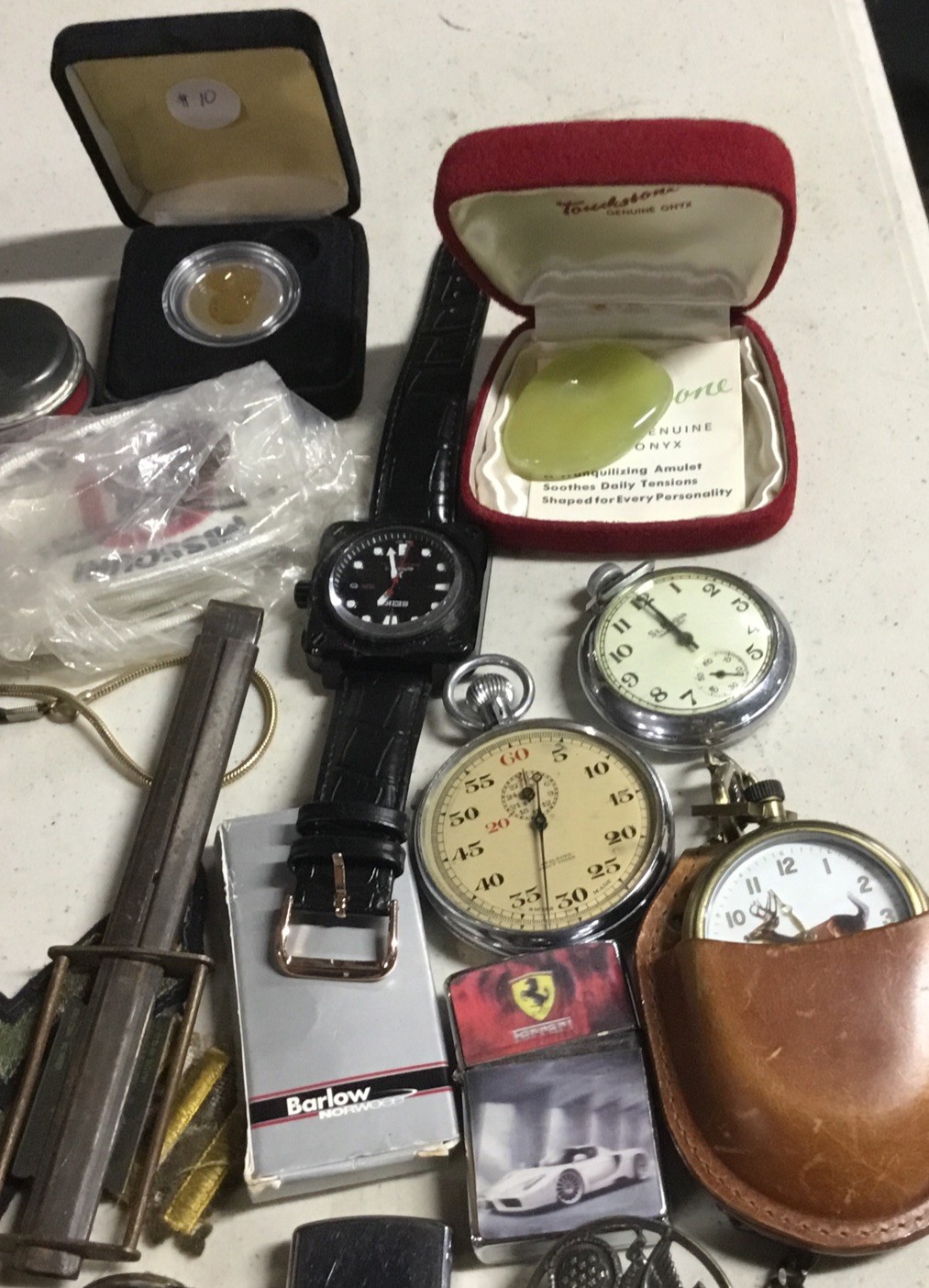 JUNK DRAWER lot Militaria Watches Knives Lighters Coins Tokens Vial of Gold