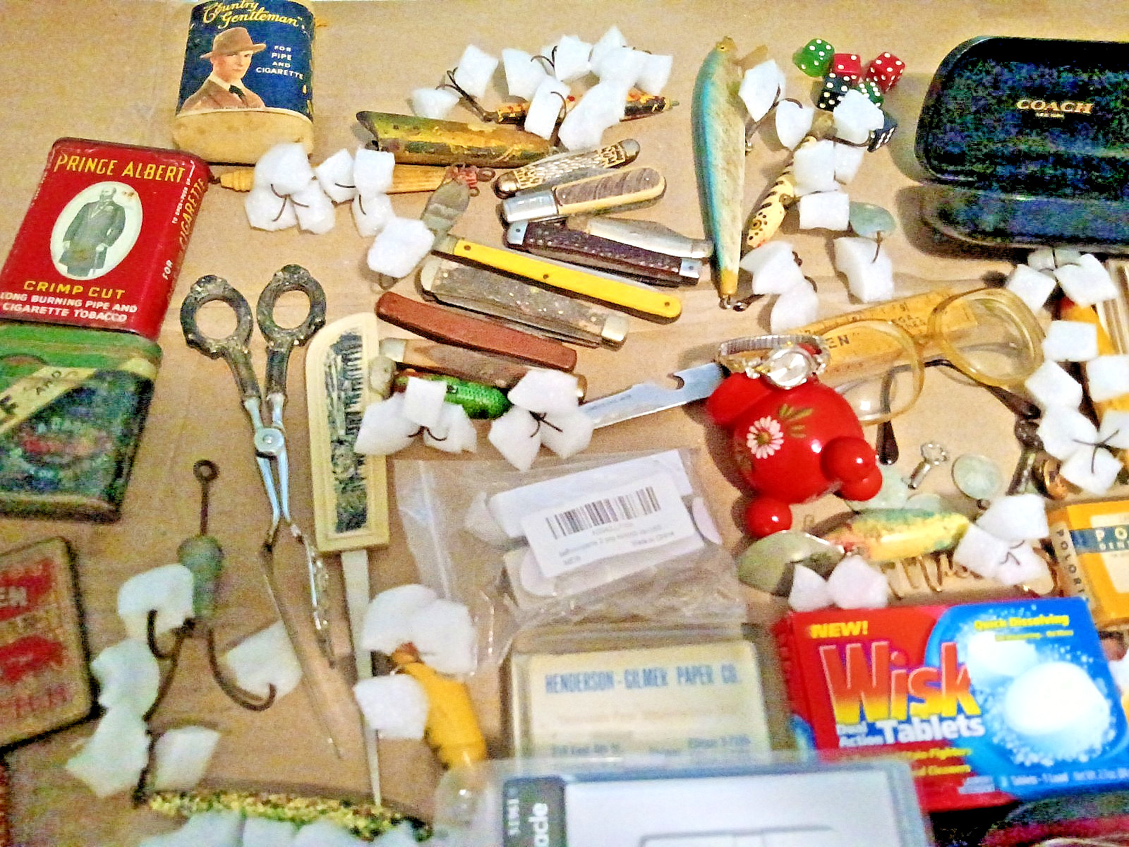 Junk Drawer Lot Vintage & Modern Lures Knives Tobacciana Ephemera Eyeglasses etc