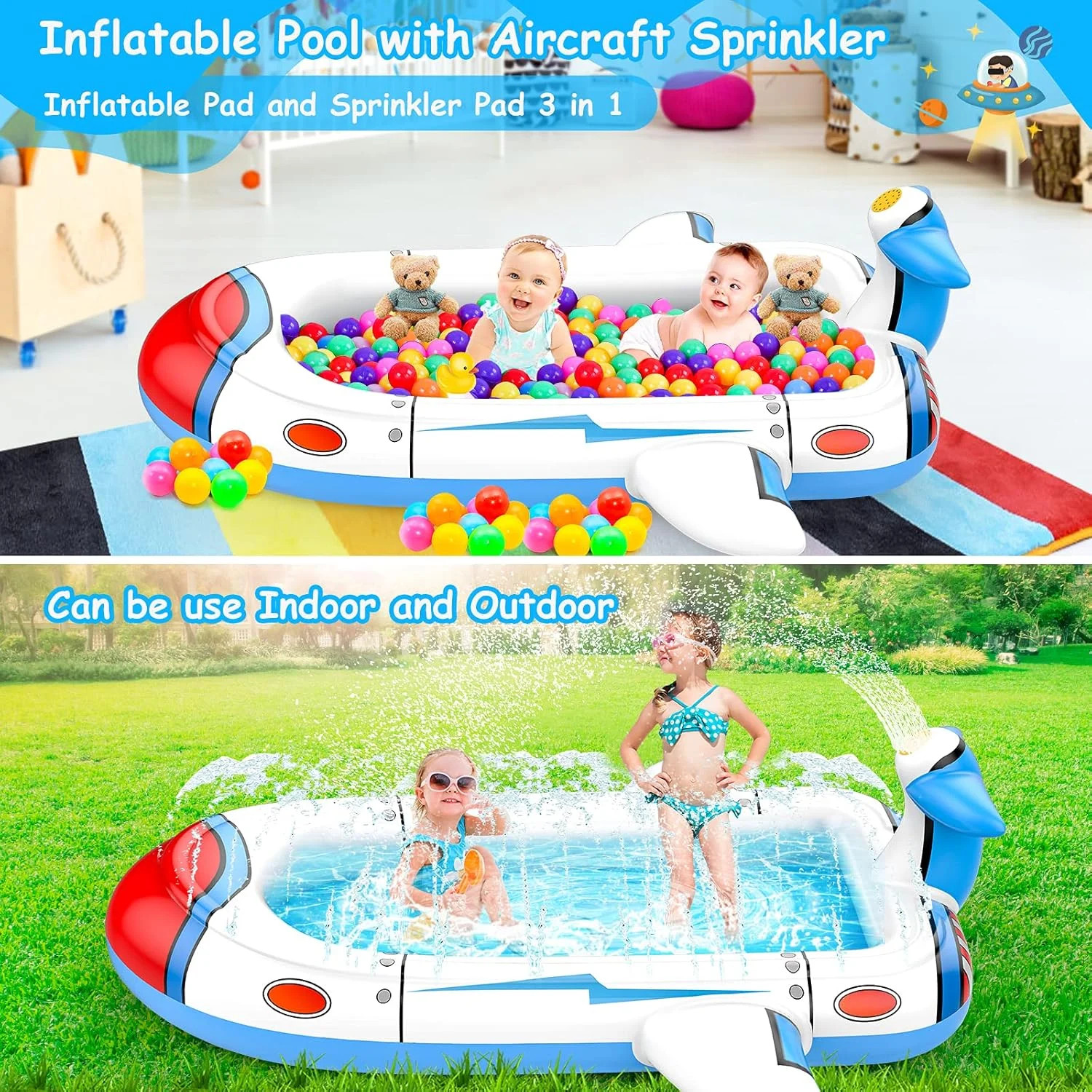 Kiddie Pool Splash Pad for Kids 68″ x 38″ x 21.5″ | 3-in-1 Inflatable Sprinkler