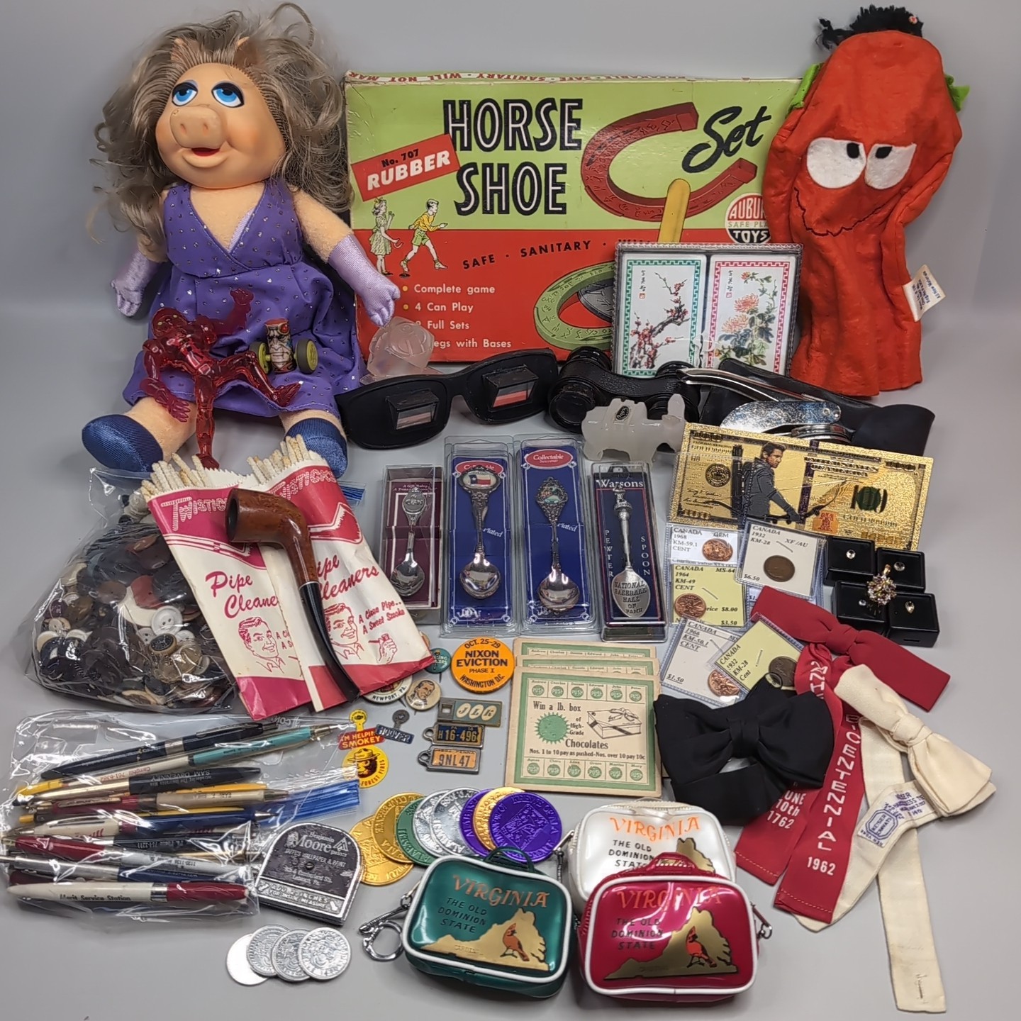 Vintage Collectibles Lot – Coins, Gemstones, Spoons, Toys, Spoons, Pins – Estate