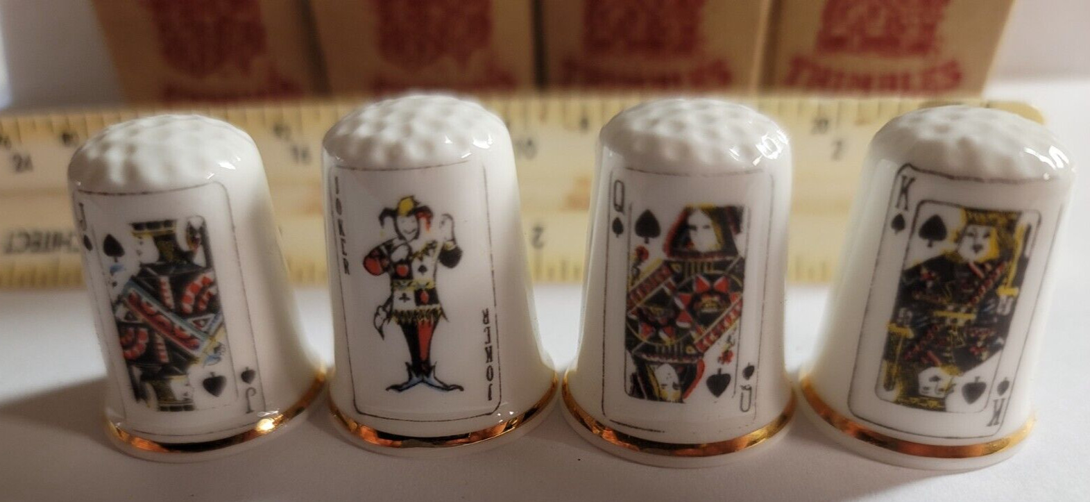 NEW SET OF 4 KING QUEEN JACK JOKER SPADES GIMBELS THIMBLES FINE BONE CHINA UK