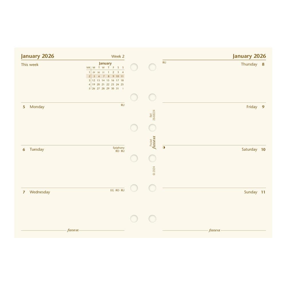 Filofax Week on Two Pages 2026 Pocket Diary Refill, Cotton Cream, English, 3.18″