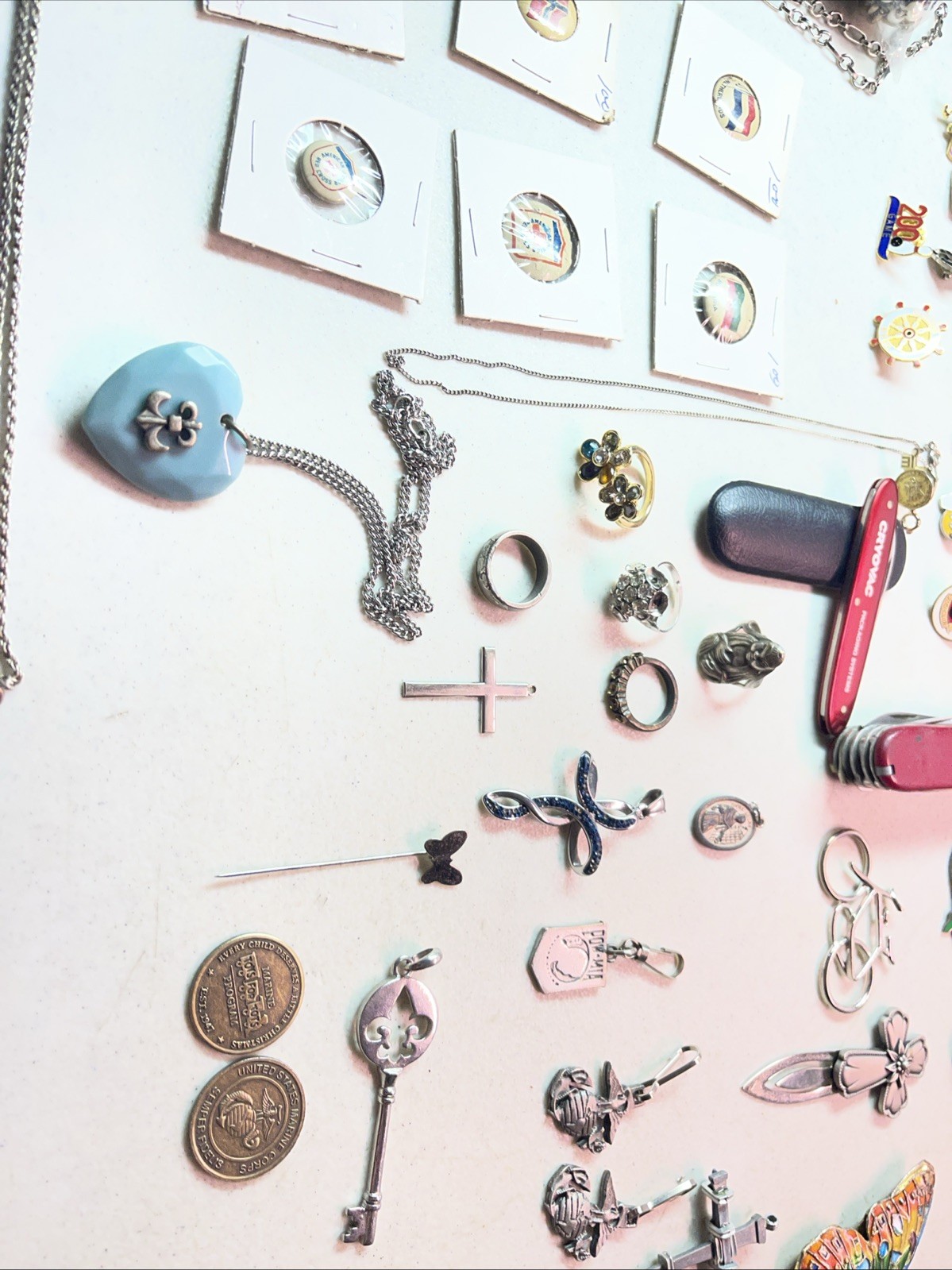 VINTAGE JUNK DRAWER LOT KNIVES, HARMONICA JEWELRY ADVERTISING SCOUTS WHEAT PENNY