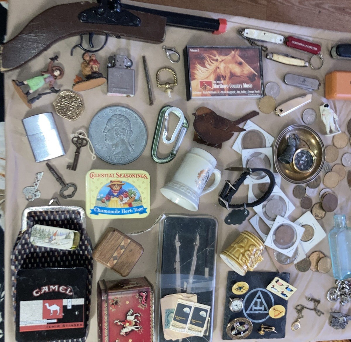 Mixed Vintage Collectibles Lot Coins Jewelry Lighters Knives Bottles Tins Brass