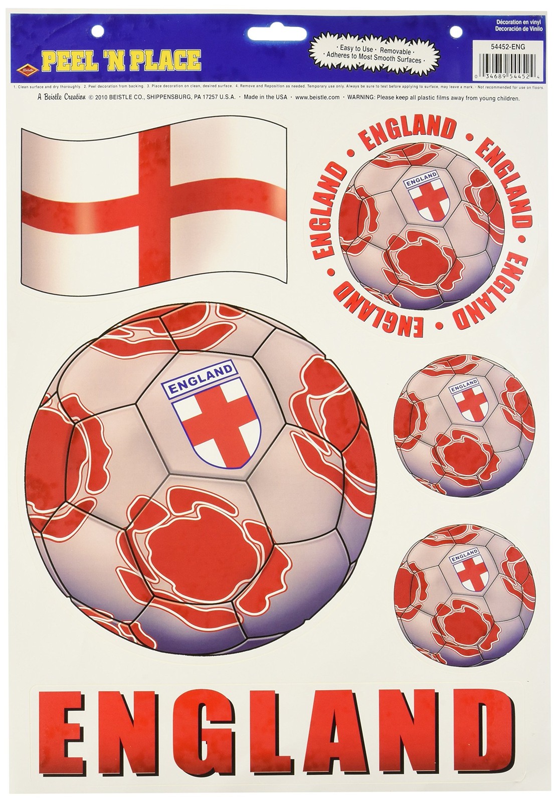 Beistle 54452-ENG 6-Piece England Soccer Ball Wall Clings- 1 Sheet, Multicolored
