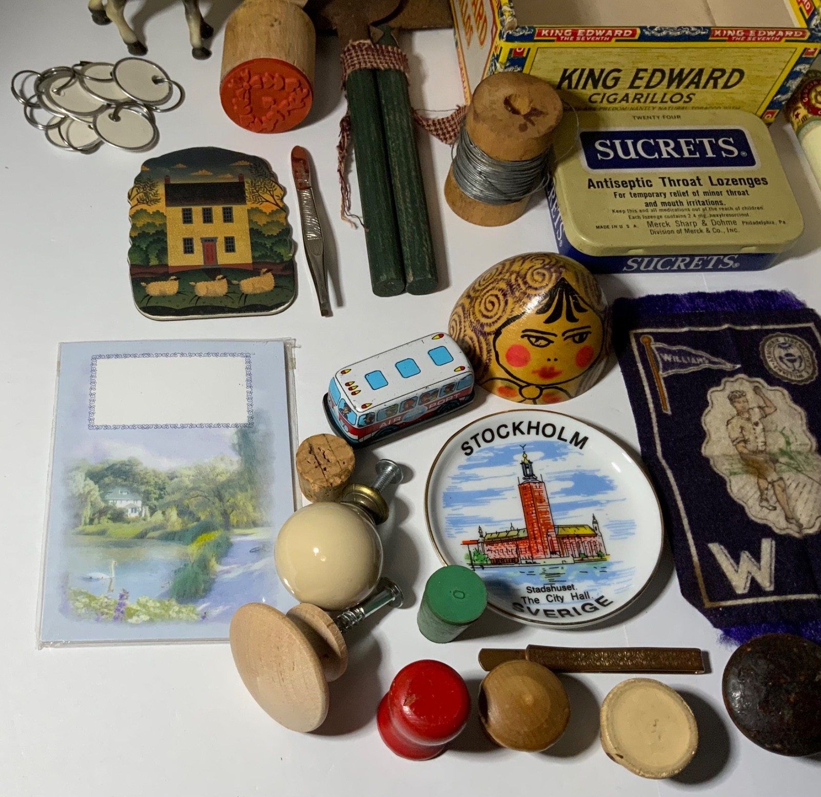 VTG Junk Drawer Lot Assemblage Art Mixed Media Crafts 2# Delft, Cigar Box, Knobs