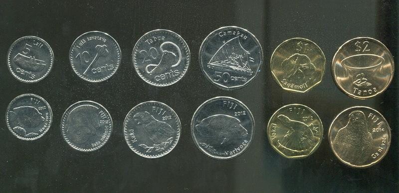 FIJI 6 coins set ，5 10 20 50 Cent, 1,2, Dollr 2012-14，UNC