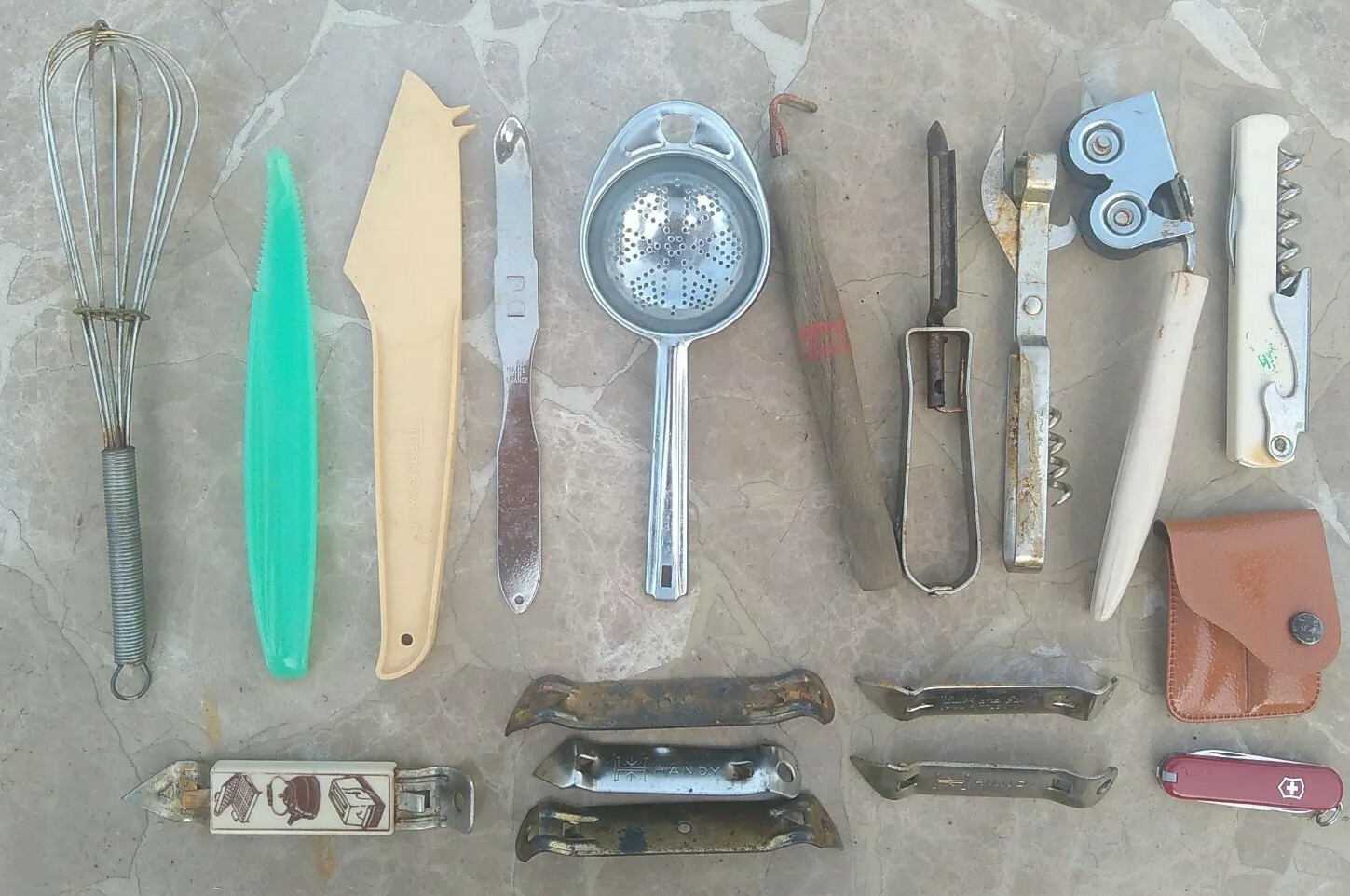 Junk Drawer Lot Mixed Old Flat Ware Can Opener Kitchen Items Rusty Vintage AS IS