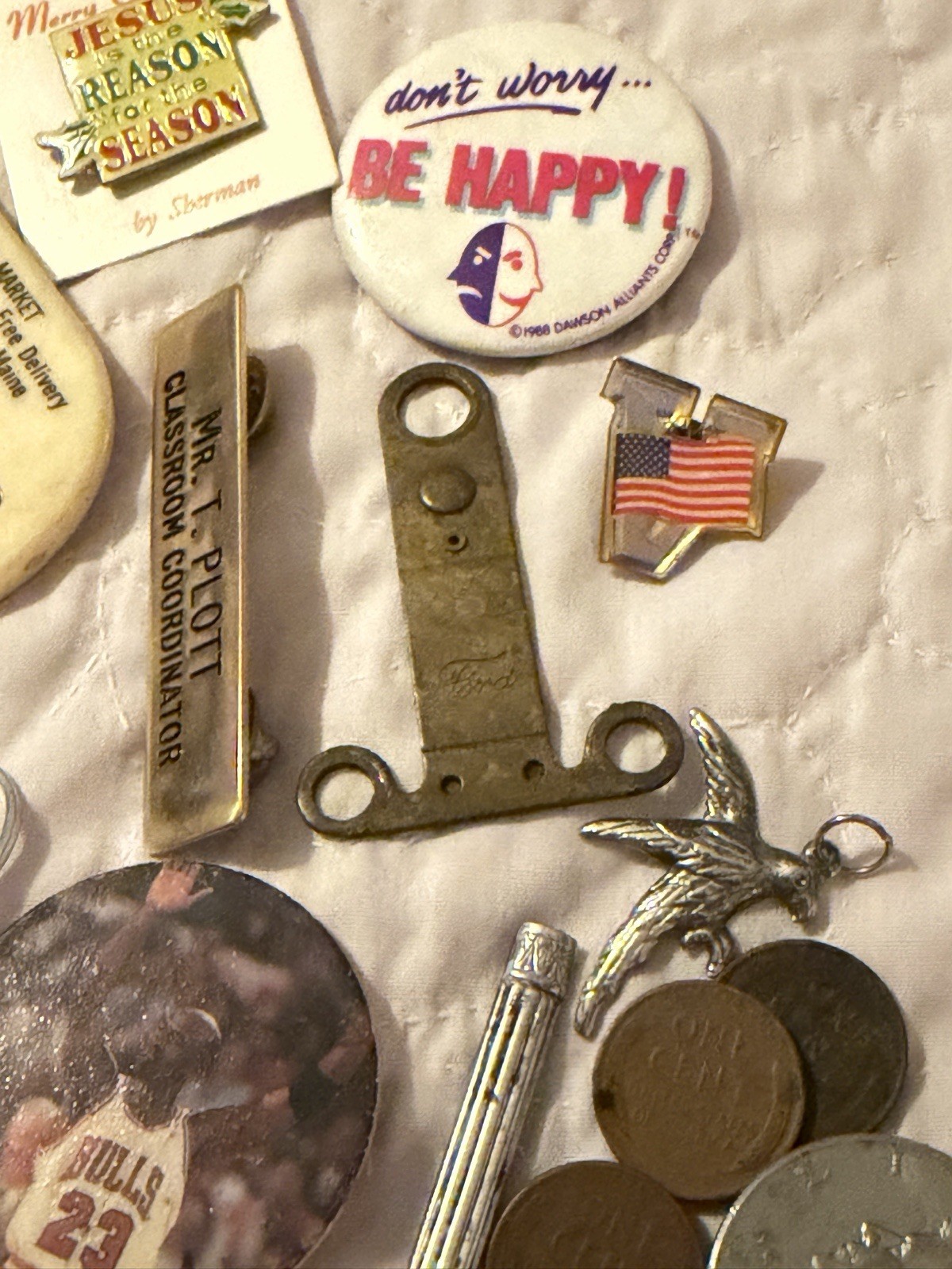 VTG Collectibles Lot: Coins, Pins, Watch, Knife, Shark teeth, junk drawer +++