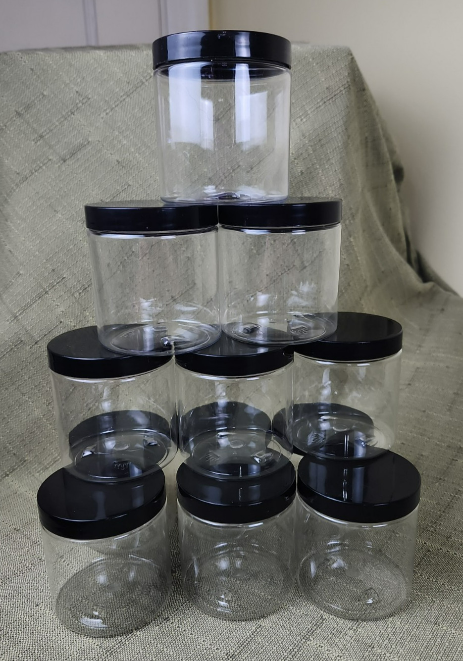 Junk Drawer Lot of 12 New Clear Plastic Containers with Black Lids
