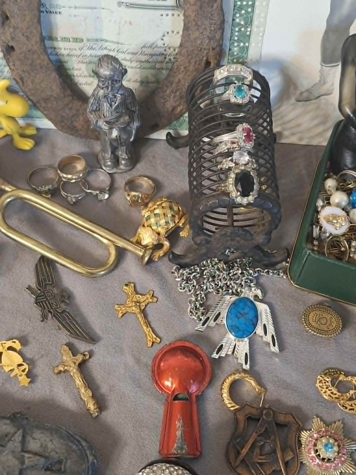 Estate Junk Drawer Lot Vintage Coins, Pocket Knife, Rings, , More