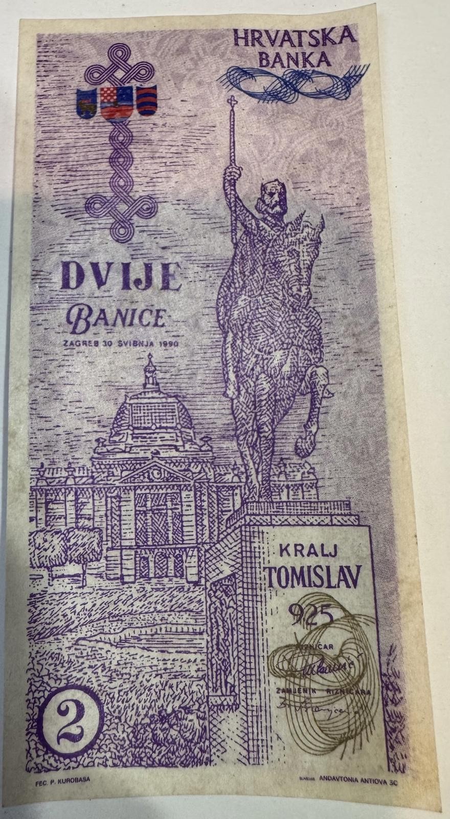 Vintage Croatia 2 Banice Banknote – King Tomislav – 1990 Commemorative Issue