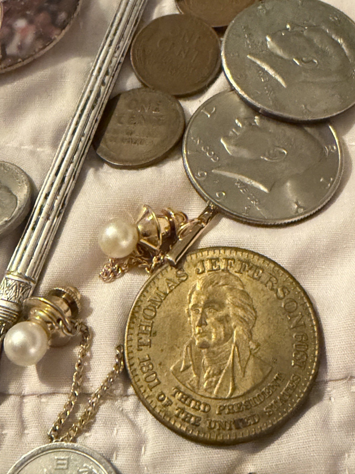 VTG Collectibles Lot: Coins, Pins, Watch, Knife, Shark teeth, junk drawer +++