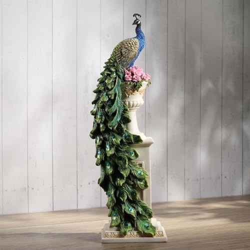 Veronese 13.625″ Peacock on Roman Column Resin Sculpture, Home Decor Collectible