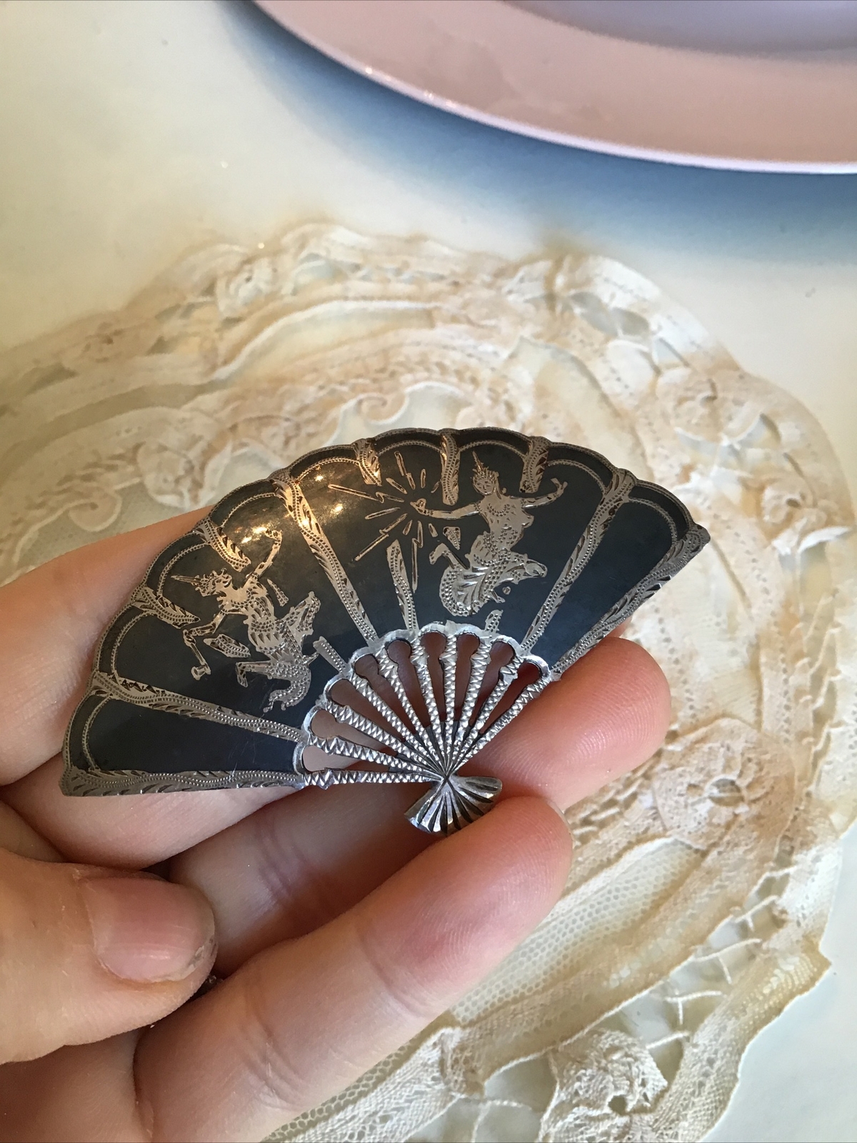 Vtg Large Sterling Siam Fan Pin 3” Wide