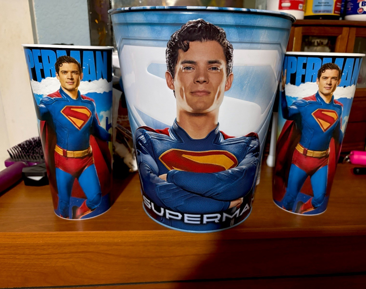 Large popcorn bucket with 2 matching cups