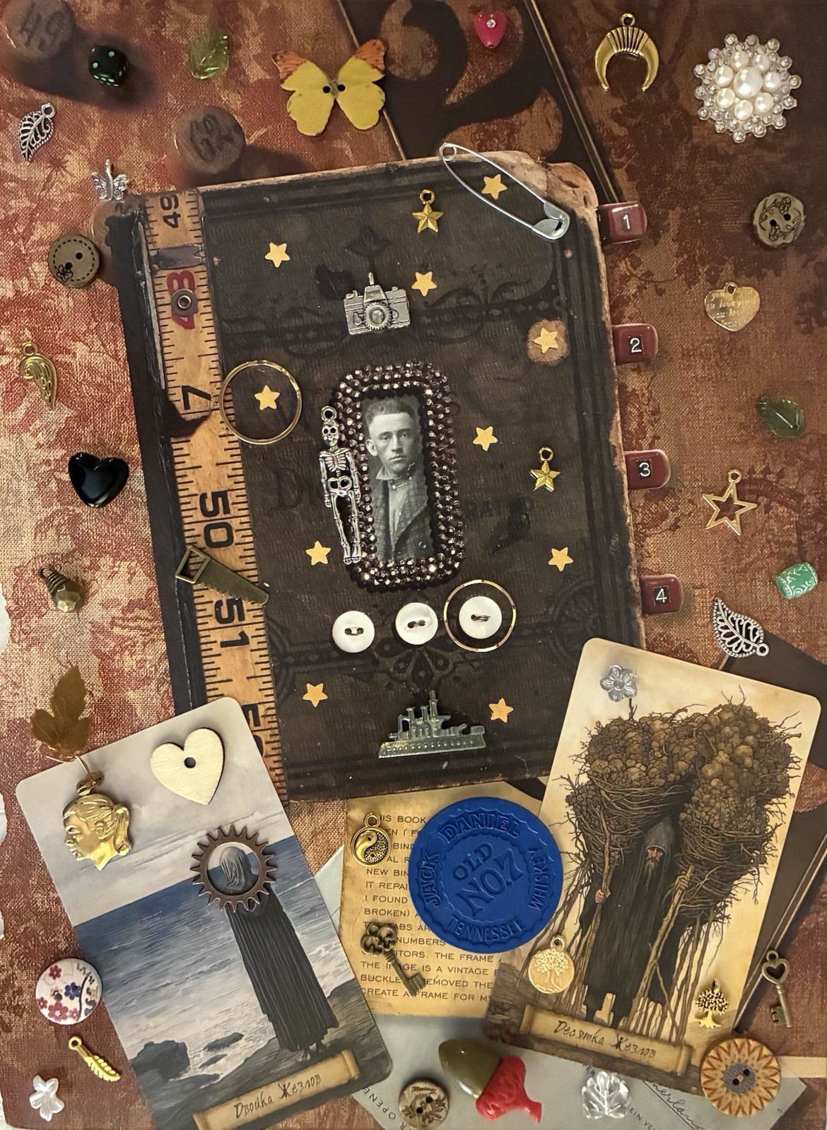 3 Junk Drawer Mixed Media Collage Art Lots Angel Charms Beads Ephemera Stickers