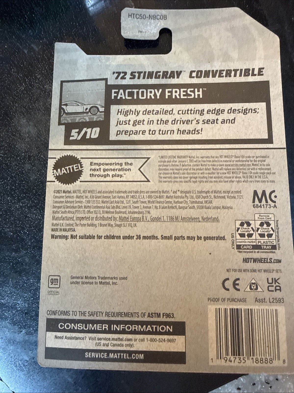 Hot Wheels ’72 Stingray Convertible Factory Fresh #5/10 White Diecast 1:64 Scale