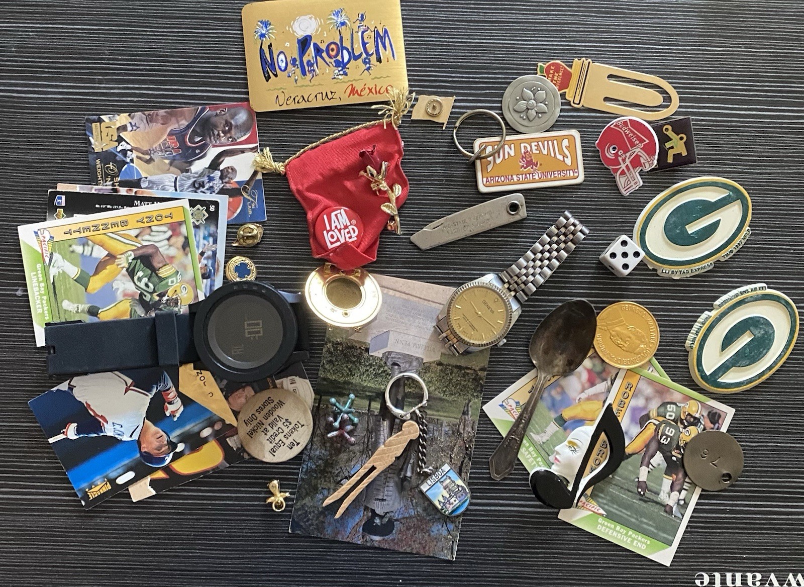Vintage Estate JUNK DRAWER Lot Watches Lapel Pins Spoon Magnets Baseball Cards