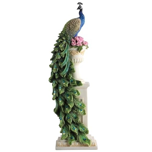 Veronese 13.625″ Peacock on Roman Column Resin Sculpture, Home Decor Collectible