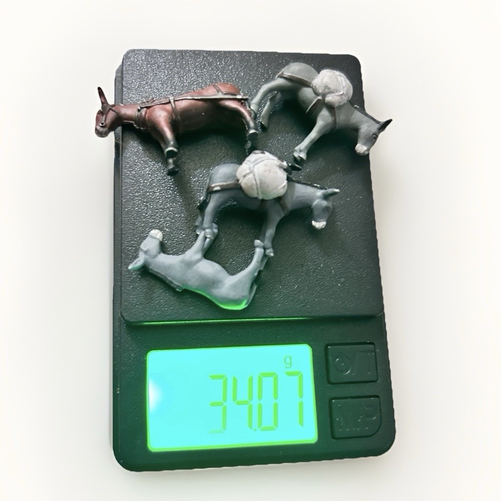 Lot of 4 Metal Miniature Donkeys Pack Mules O Scale 1:48 Diorama Pewter
