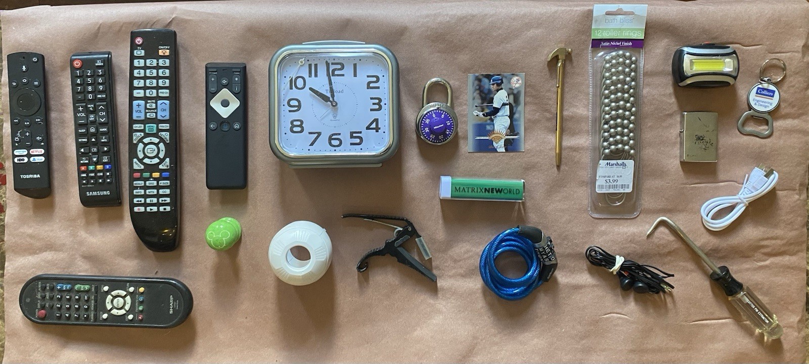 Junk Drawer Misc Lot – incl Derek Jeter Baseball Card, Zippo, Old Remotes Etc!