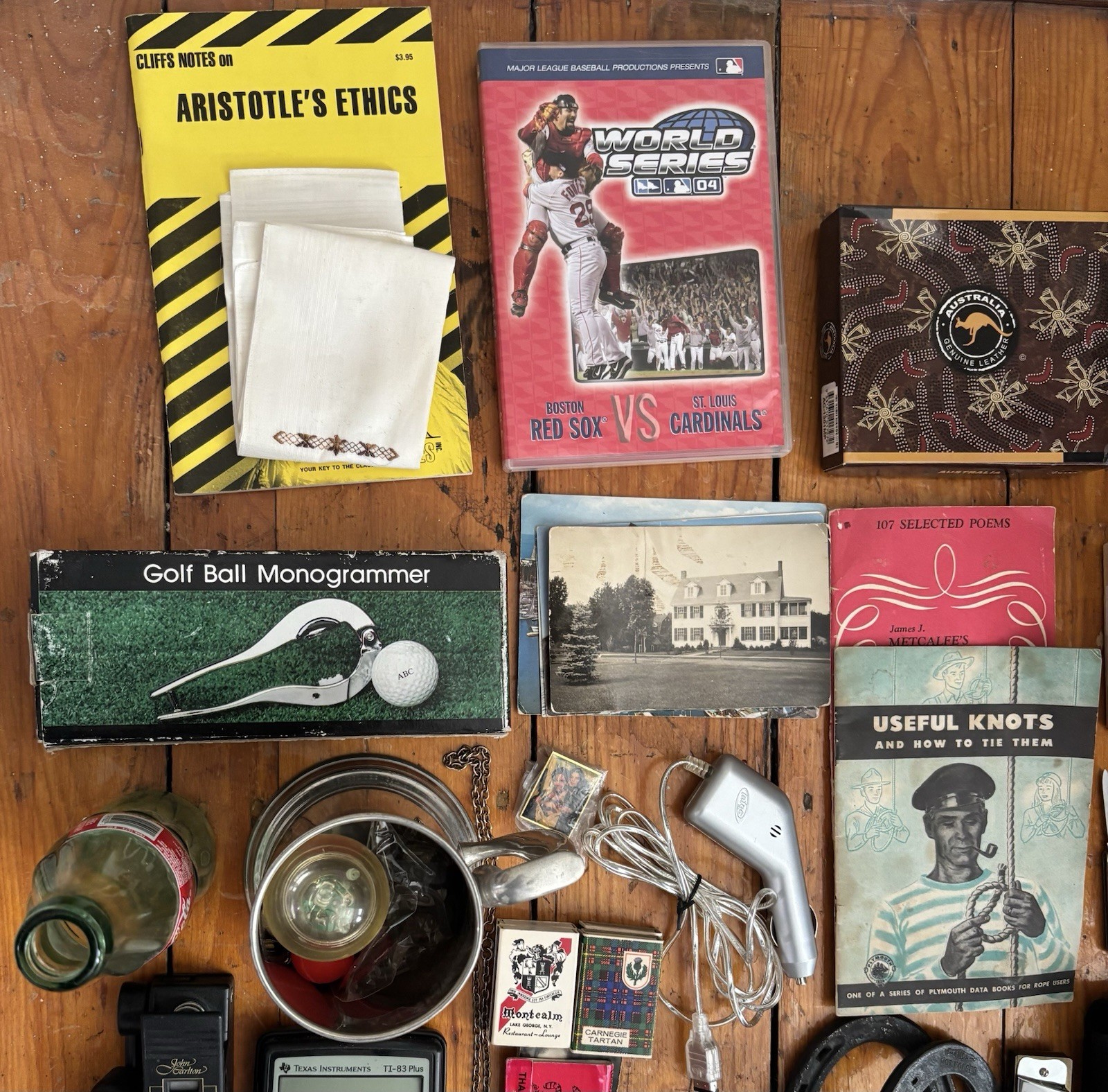 Vintage Junk Drawer Lot Collectibles Coins Cards Knives Calculator Stein & More