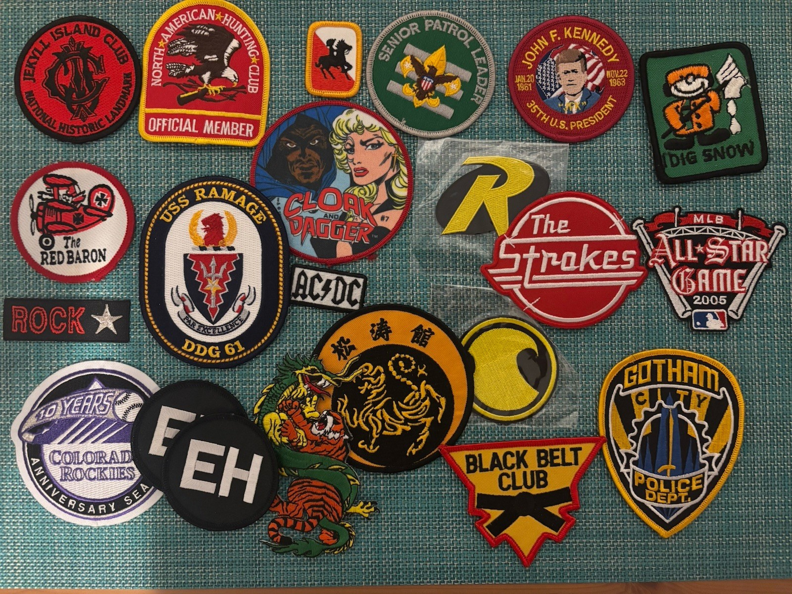 Lot of 22 Collectable Patches ACDC Strokes Gotham City JFK Martial Arts MLB