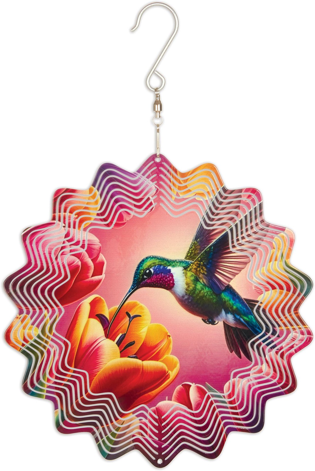 Sunset Vista Ruby Hummingbird Wind Spinner, 8″ Tall, Artful Hanging Decor