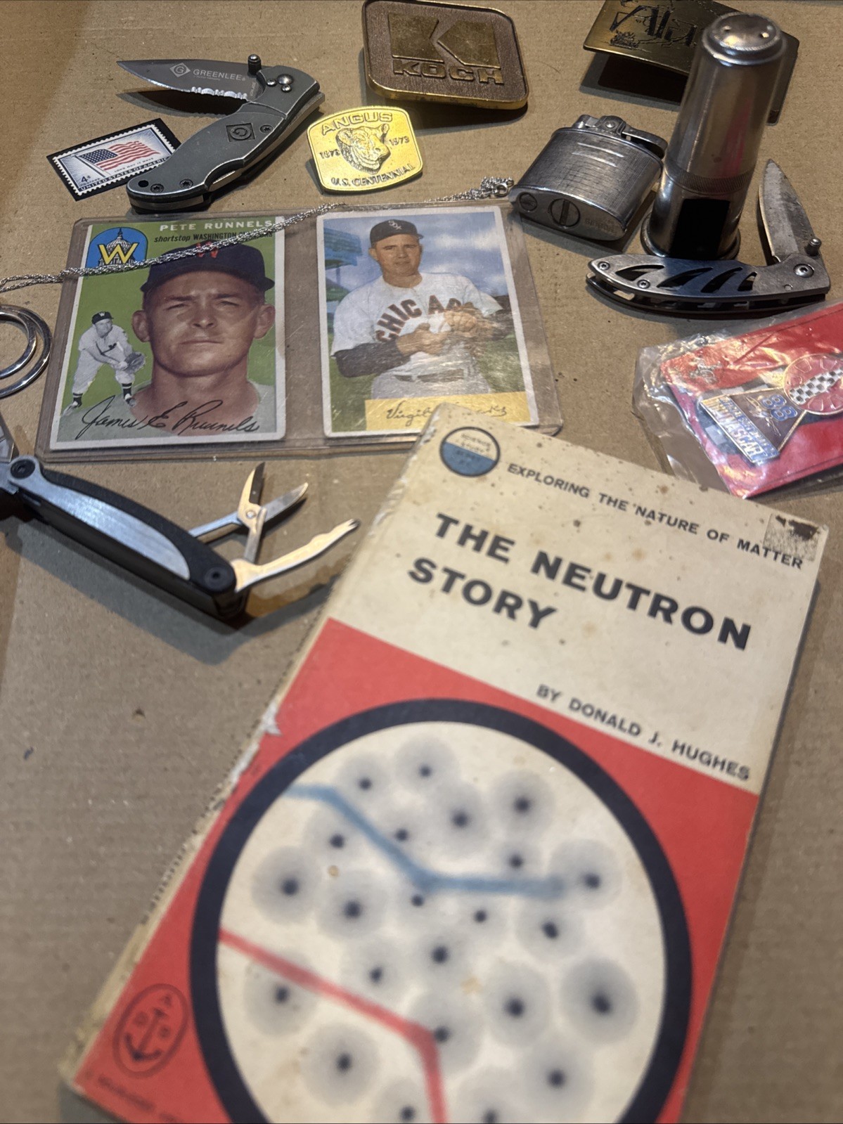 Vintage Junk Drawer Knives, Silver 925, 40-50s Ball Cards Autos, Book 50s Buckle