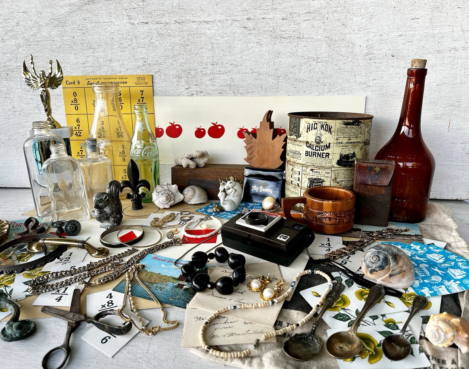 Vintage Junk Drawer Lot Postcards Costume Jewelry Medicine Bottles Silver Spoons